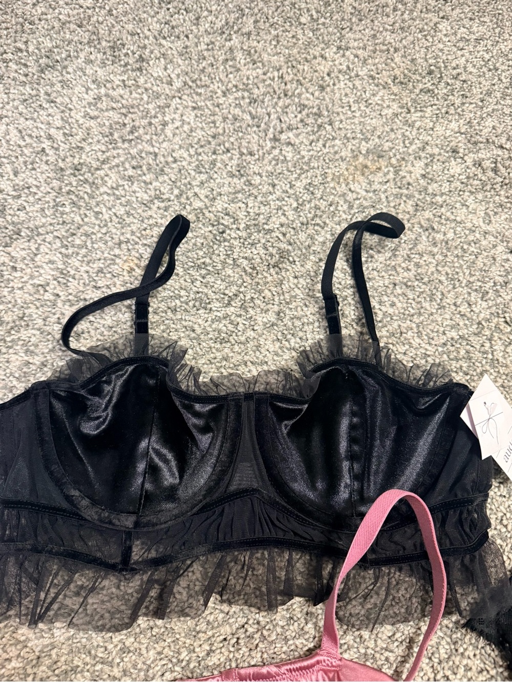 Auden Pink Satin, Black Velvet, and Black Lace Bustier Bras - Picture 2 of 12